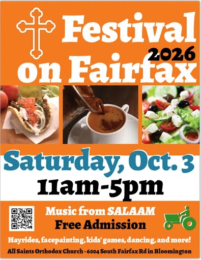 Festival on Fairfax 2026 flyer for All Saints Orthodox Church in Bloomington, Saturday, October 3, 11 a.m.–5 p.m., featuring food, music, children’s activities, and free admission